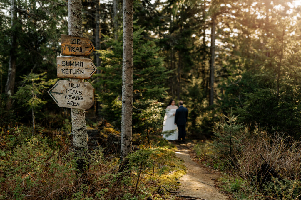 A couple gets married in a forest on a sunny day, they are out of focus and the only thing in focus is the trail sign and the brush around it. 