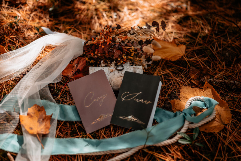 Bride and groom hiking elopement details