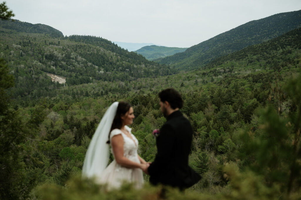Spring in the Adirondacks at a summit with lush blooming mountains behind a couple holding hands out of focus who are getting married.