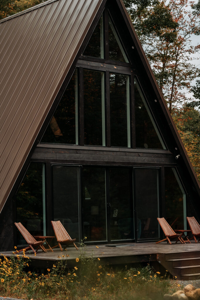 ADK A-Frame in Jay New York from the front of it. 