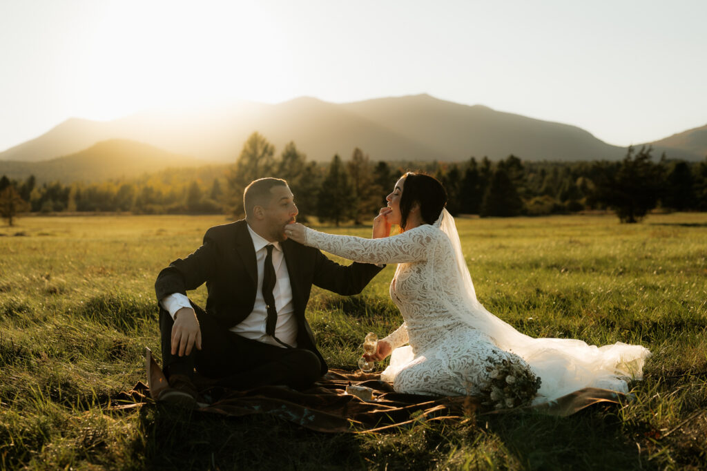 A couple feeds eachother cake in a field in the adirondacks at sunset with a mountain backdrop.