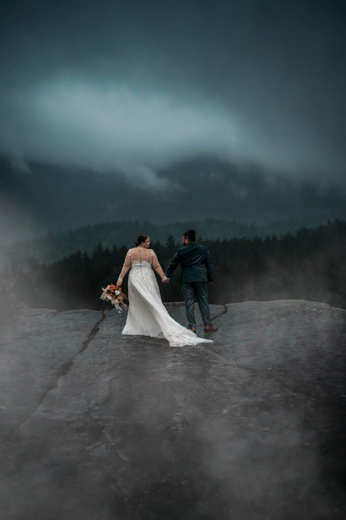 A cloudy and rainy mountain elopement in the clouds and a couple holds hands looking out at the dark pine trees.